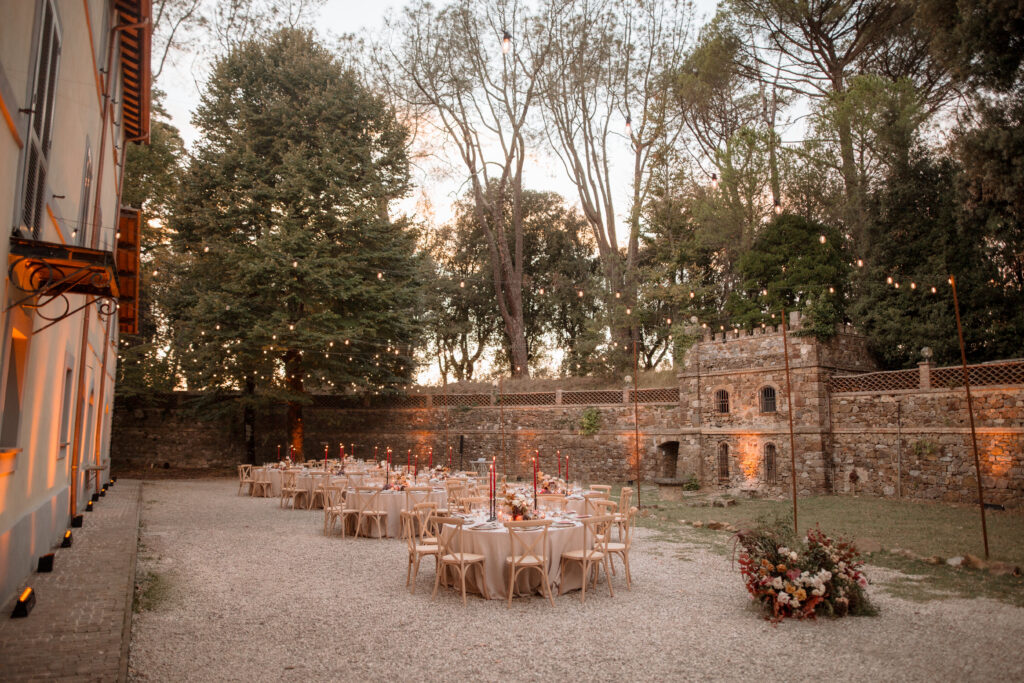 Foam free floral design and rented table decor for this destination wedding in Umbria, Italy.